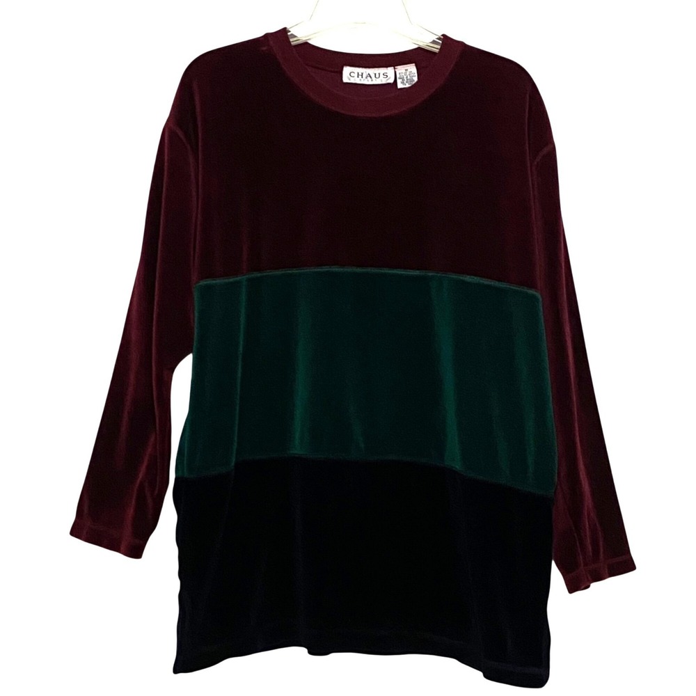 Vtg 90s Velour Velvet Pullover Top Womens M Color Block Jewel Tones Holiday Fall